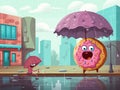 vector illustration of colorful donut walking on rain