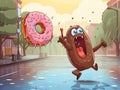 vector illustration of colorful donut walking on rain