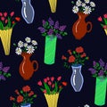 Vector illustration of colorful flowers in vases seamless pattern.
