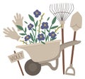 Vector illustration of colorful garden wheel barrow with violet flowers, rakes, spade, gloves. Cartoon style spring or summer