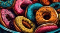 Vector illustration of colorful glazed donuts. Hand drawn doodle background. Royalty Free Stock Photo