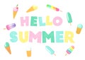 Vector illustration with colorful hand drawn lettering Hello Summer and cute cartoon icecreams isolated on white background. Royalty Free Stock Photo