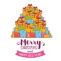 Vector illustration of colorful high pile of christmas gifts and