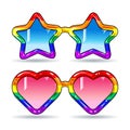 Disco sunglasses in the shape of hearts and stars, frame in rainbow colors