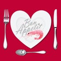 On a plate with a heart shape lies a shrimp, a knife, a fork and a spoon