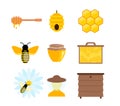 Vector illustration of colorful pictures and elements of honey bumble, others symbols of apiculture. Bee and sweet