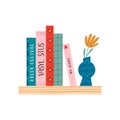 Vector illustration of colorful pile, stack of books and vase on a bookshelf Royalty Free Stock Photo
