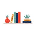 Vector illustration of colorful pile, stack of books and vase on a bookshelf Royalty Free Stock Photo