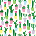 Colorful potted cacti seamless repeat pattern. Vector illustration.