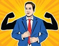 Vector illustration of a colorful pop art style of a young man in a business suit with biceps.