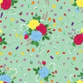 Vector illustration. Colorful rose bunches with wild flowers on light greenish blue background seamless repeat pattern. Royalty Free Stock Photo