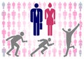 Vector illustration with colorful silhouettes of men and women on a white background, as well as the figure of a running man Royalty Free Stock Photo