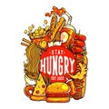 Vector Illustration Colorful T Shirt Design Stay Hungry With Variety of Foods Vintage