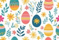 Vector illustration of colorfully painted Easter eggs and spring flowers. Easter decorations,