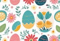 Vector illustration of colorfully painted Easter eggs and spring flowers. Easter decorations, Royalty Free Stock Photo