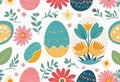 Vector illustration of colorfully painted Easter eggs and spring flowers. Easter decorations,