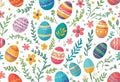 Vector illustration of colorfully painted Easter eggs and spring flowers. Easter decorations,