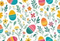 Vector illustration of colorfully painted Easter eggs and spring flowers. Easter decorations, Royalty Free Stock Photo
