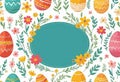 Vector illustration of colorfully painted Easter eggs and spring flowers. Easter decorations,