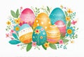 Vector illustration of colorfully painted Easter eggs and spring flowers. Easter decorations,