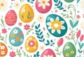 Vector illustration of colorfully painted Easter eggs and spring flowers. Easter decorations,