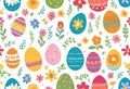 Vector illustration of colorfully painted Easter eggs and spring flowers. Easter decorations,