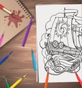 Vector illustration of coloring adults ship