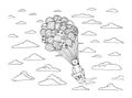 Vector illustration. Coloring book with a teddy bear flying in a balloon in the clouds. Royalty Free Stock Photo