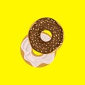 Vector Illustration: Colorul Donut, Bright Yellow Background, Glazed Colocolate Donut with White Cream.