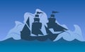 Vector illustration. Columbus Day. Silhouette of a ship at sea.