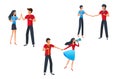 Vector illustration of communication and connection, business dialog, cartoon man and woman characters holding smartphones