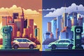 Vector illustration comparing electric versus gasoline car suv. Electric car charging at charger station