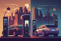 Vector illustration comparing electric versus gasoline car suv. Electric car charging at charger station