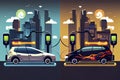 Vector illustration comparing electric versus gasoline car suv. Electric car charging at charger station
