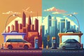 Vector illustration comparing electric versus gasoline car suv. Electric car charging at charger station