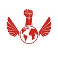 Vector illustration composed with bird wings, raised clenched fist and Earth globe. Revolution leader, nonconformist concept.