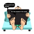 Vector illustration of computer addiction Cartoon man cartoon sitting on the bed with a laptop and his hands, am I the text in the