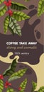 Vector illustration concept of advertising coffee with branches and berries of coffee tree in cartoon style. Take away coffee