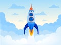 Vector illustration concept of business start up of the space rocket. Rocket ship in the sky with clouds in flat design. Royalty Free Stock Photo