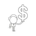 Vector illustration of businessman character holding dollar symbol. Black outline Royalty Free Stock Photo