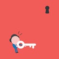 Vector illustration concept of businessman character holding key and looking keyhole above