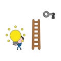 Vector illustration of businessman character reach keyhole with ladder, unlock with key and carrying glowing light bulb idea. Royalty Free Stock Photo