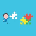 Vector illustration concept of businessman character running and carrying missing puzzle piece to three connected jigsaw puzzle Royalty Free Stock Photo