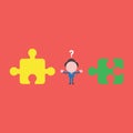 Vector illustration concept of confused businessman character with two incompatible jigsaw puzzle pieces