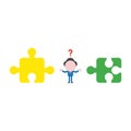 Vector illustration confused businessman with incompatible jigsaw puzzle pieces