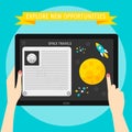Vector illustration concept of hands holding modern digital tablet and pointing on a screen with cosmic website. Flat design Royalty Free Stock Photo