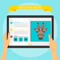 Vector illustration concept of hands holding modern digital tablet and pointing on a screen with website about wildlife. Flat Royalty Free Stock Photo