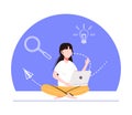 Vector illustration, concept of meditation workflow, health benefits for body, mind and emotions, lotus position, thought process Royalty Free Stock Photo