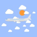 Vector illustration concept of modern detailed airplane flying through clouds in the blue sky.