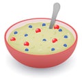 Vector illustration. Concept nutrition. Porridge with blueberry and cranberries in ceramic bowl.